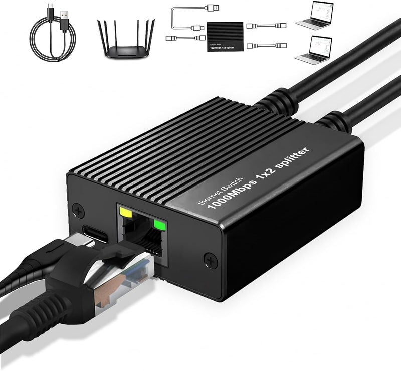 Cristin Gigabit Ethernet Splitter 1 to 2 1000Mbps, Either Network Splitter with USB Power 1 in 2 Out Dual LAN RJ45 Port Router Switch Work with Cat6/7/8 Cable [2 Devices Simultaneously Networking] - Image 1